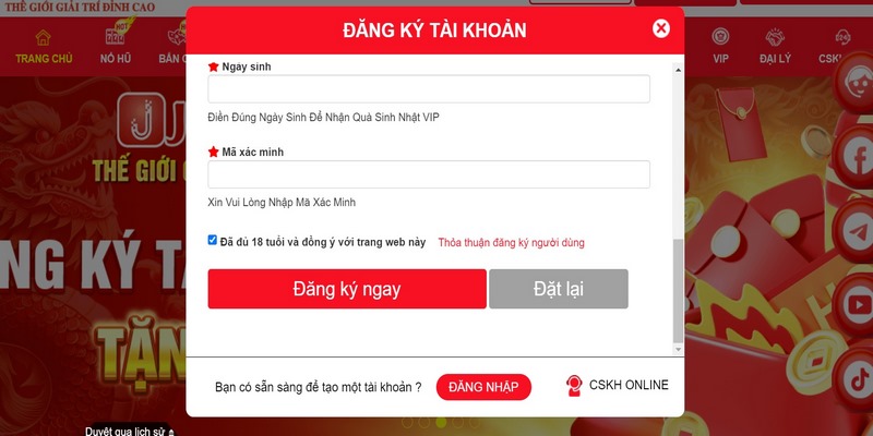 Đăng ký tài khoản trước khi login hệ thống nhà cái